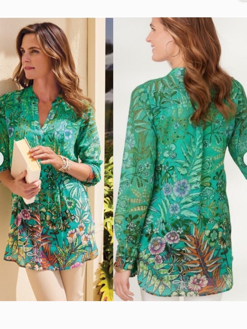 Soft Surroundings Green Floral blouse size medium
